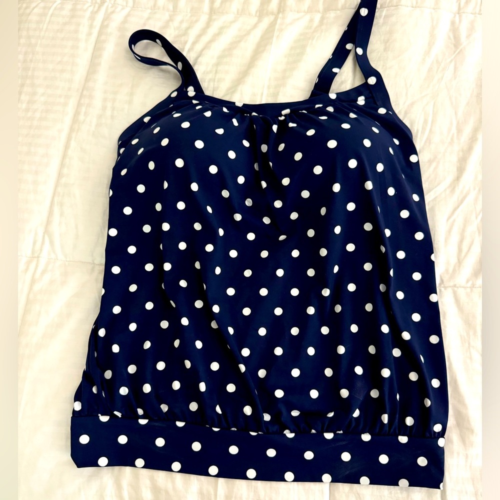 NWT - Land’s End Women's Blouson Tankini Swimsuit Top - Navy Polka Dot - 8DD
